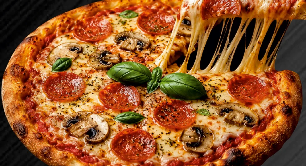 Frisch gebackene Pizza mit Käseziehen
